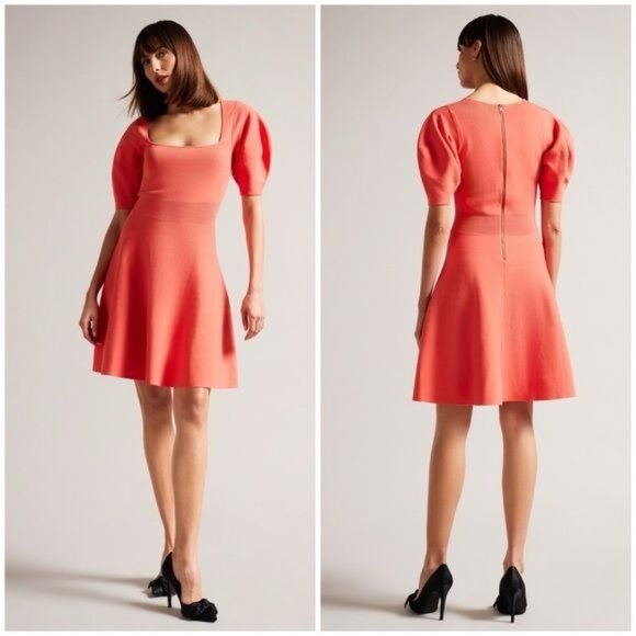Coral Ted Baker Hayliy Puff Sleeve Skater‎ Dress in Coral Size Ted 3 / US 8 - Picture 1 of 16